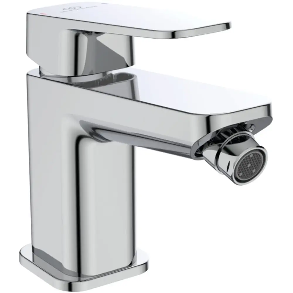Chromene Bidetarmatur von Ideal Standard mit schmalem Hebel und runder Auslaufdüse. Klar definierte Kanten und moderne Form. Geeignet für eine elegante Badezimmergestaltung.